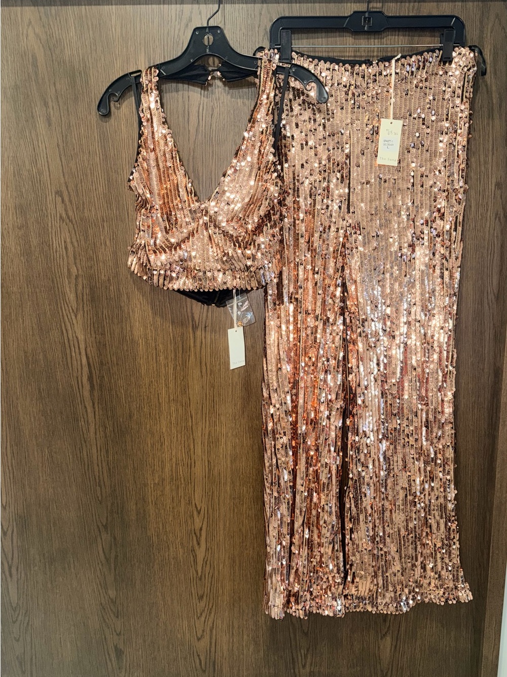 The Sang Sequin NWT Two-Piece Crop Top & Wide Leg Pants Set Size Large Rose Gold